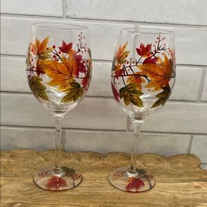NEW Pair of Pier 1 Fall Leaves Painted Wine Glasses - Orange, Red, Green